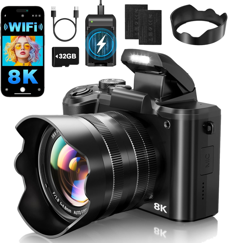 XNSIAKXA 8K Digital Cameras for Photography Autofocus 88MP WiFi Professional 16X Digital Zoom Photography Camera with Dual-Lens for YouTube with Lens Hood